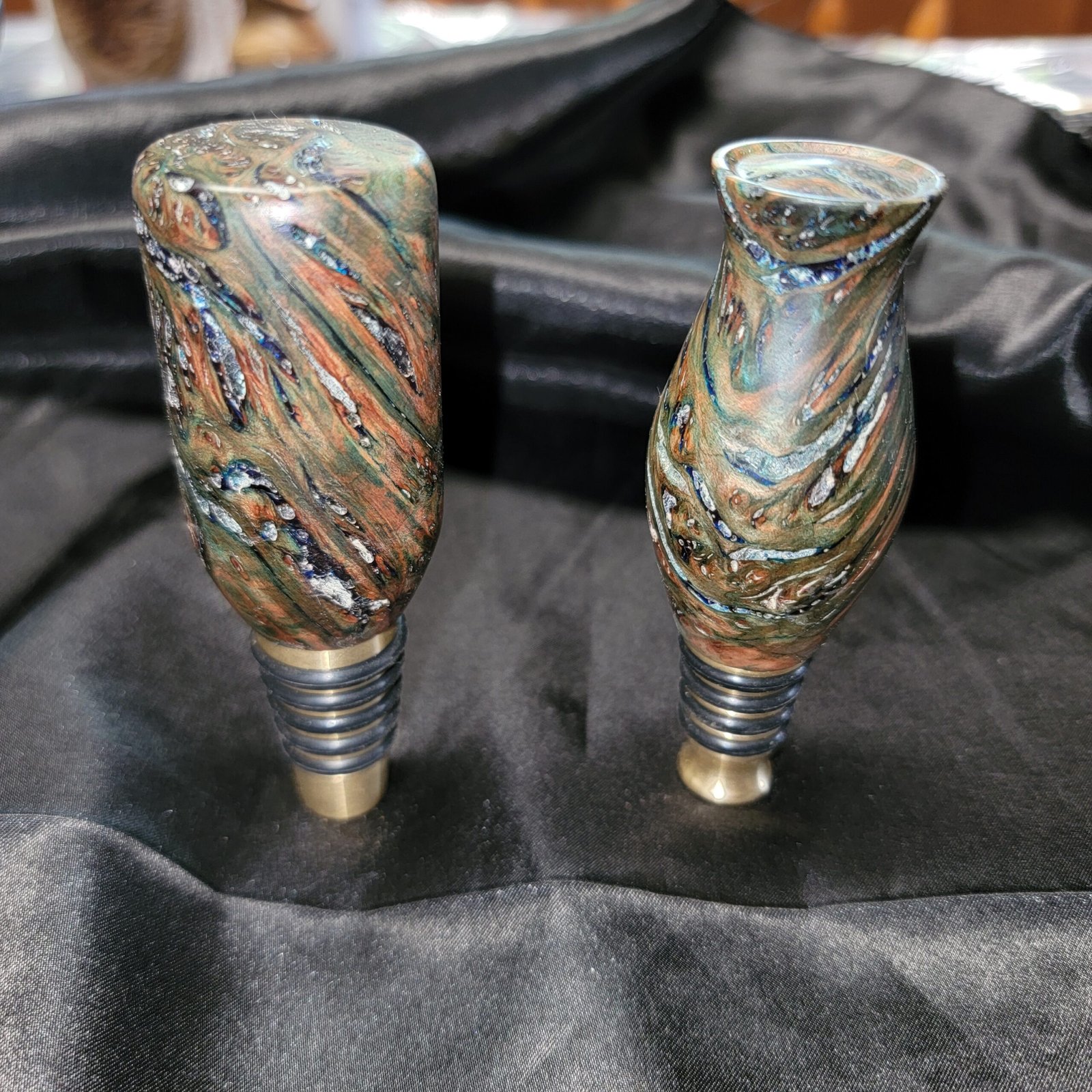 Dyed and Stabilized Redwood Burl Medium Whiskey and Wine Bottle Stoppers (pair)